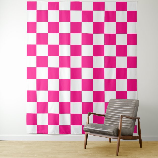 Chequered squares hot pink white geometric retro tapestry (In Situ)