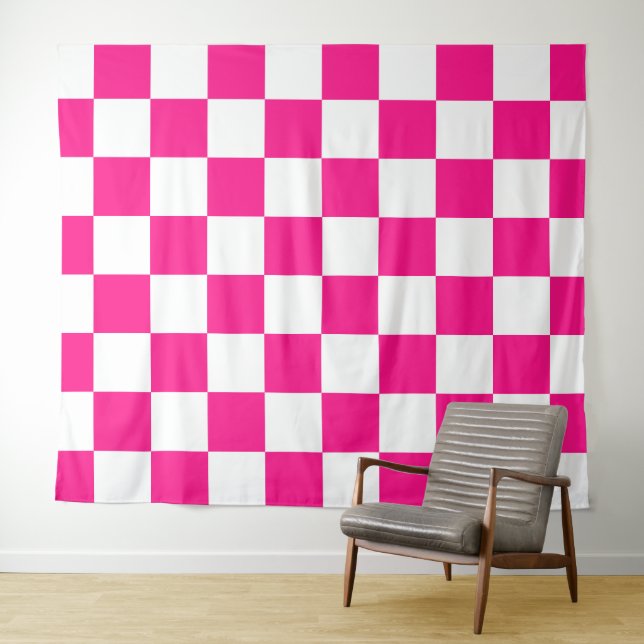 Chequered squares hot pink white geometric retro tapestry (In Situ (Horizontal))