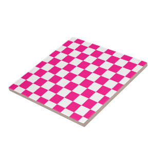 Chequered squares hot pink white geometric retro tile