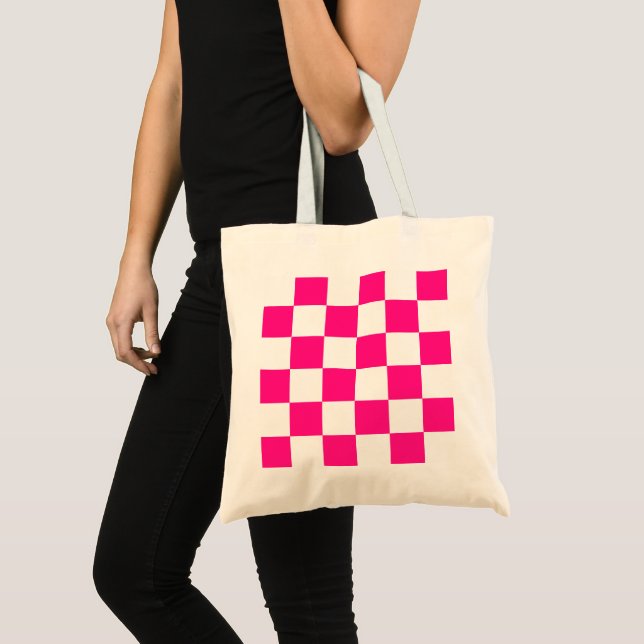 Chequered squares hot pink white geometric retro tote bag (Front (Product))