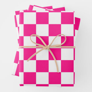Chequered squares hot pink white geometric retro wrapping paper sheet