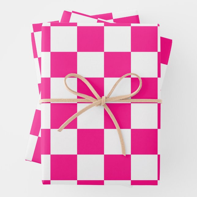 Chequered squares hot pink white geometric retro wrapping paper sheet (In situ)