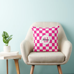 Chequered squares hot pink white retro Monogram Cushion