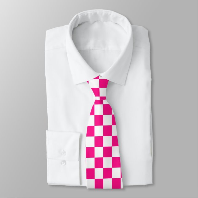 Chequered squares hot pink white retro tie (Tied)
