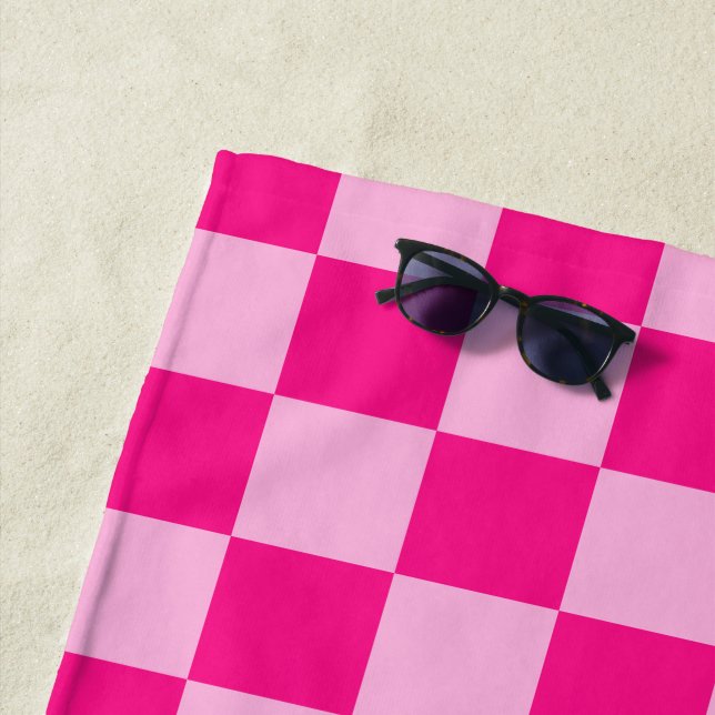 Chequered squares light hot pink geometric retro beach towel (In Situ)