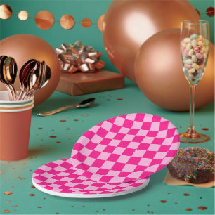 Chequered squares light hot pink geometric retro paper plate