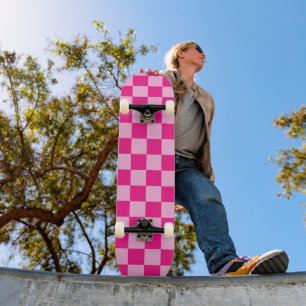 Chequered squares light hot pink geometric retro skateboard