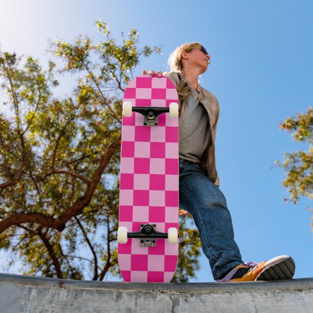 Chequered squares light hot pink geometric retro skateboard (Outdoor 1)