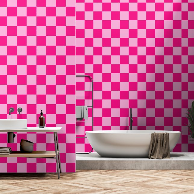 Chequered squares light hot pink geometric retro wallpaper (Bathroom)
