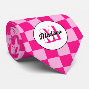 Chequered squares light hot pink retro Monogram Tie