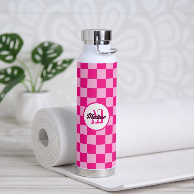 Chequered squares light hot pink retro Monogram Water Bottle (Yoga)