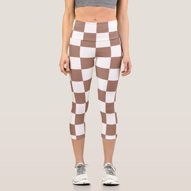 Chequered squares mocha brown white geometric retr capri leggings (Front)