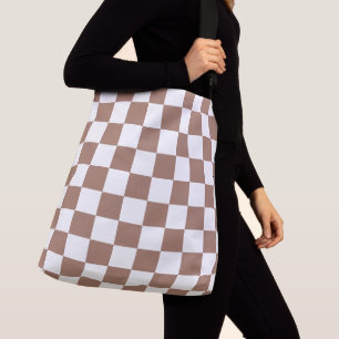 Chequered squares mocha brown white geometric retr crossbody bag