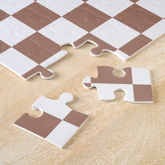 Chequered squares mocha brown white geometric retr jigsaw puzzle (Side)