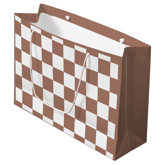 Chequered squares mocha brown white geometric retr large gift bag (Front Angled)