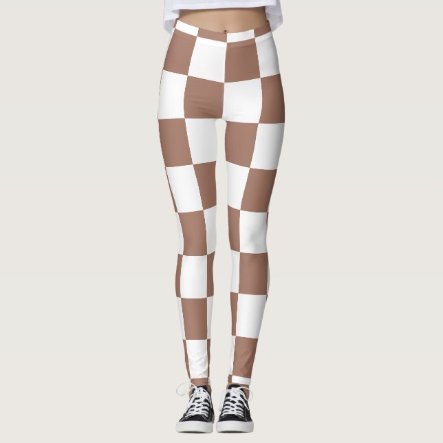 Chequered squares mocha brown white geometric retr leggings (Front)