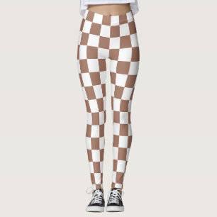 Chequered squares mocha brown white geometric retr leggings