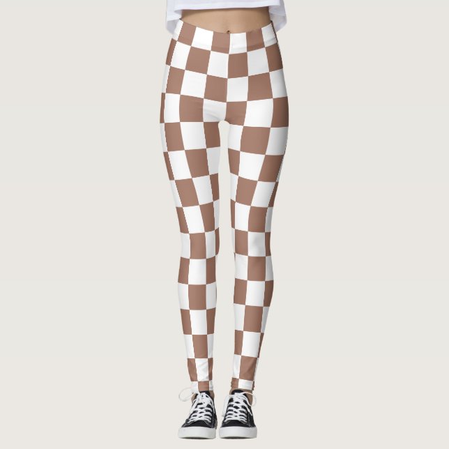 Chequered squares mocha brown white geometric retr leggings (Front)