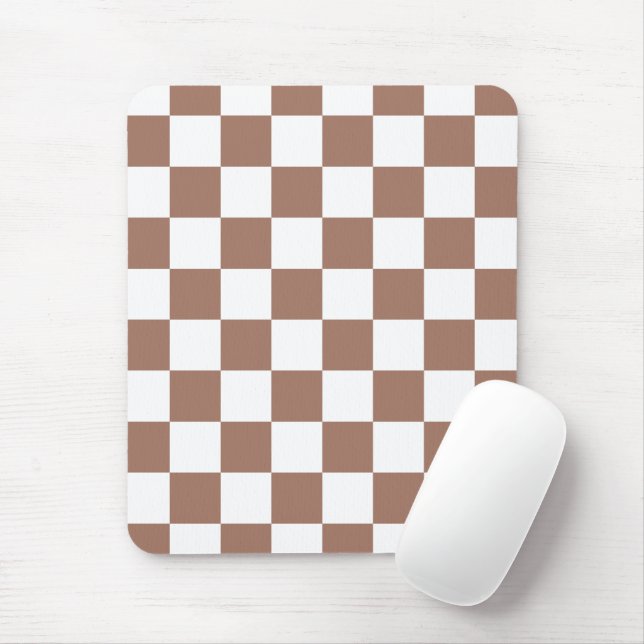 Chequered squares mocha brown white geometric retr mouse mat (With Mouse)