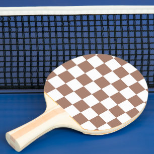 Chequered squares mocha brown white geometric retr ping pong paddle