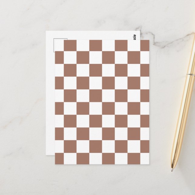Chequered squares mocha brown white geometric retr postcard (Front/Back In Situ)