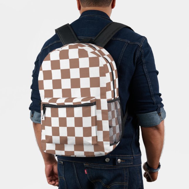 Chequered squares mocha brown white geometric retr printed backpack (Insitu (Model))
