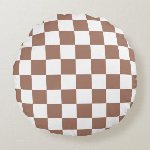Chequered squares mocha brown white geometric retr round cushion