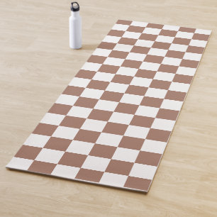 Chequered squares mocha brown white geometric retr yoga mat