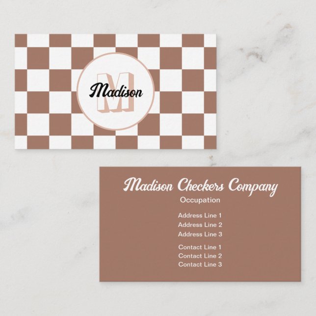 Chequered squares mocha brown white retro Monogram Business Card (Front/Back)
