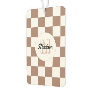 Chequered squares mocha brown white retro Monogram Car Air Freshener
