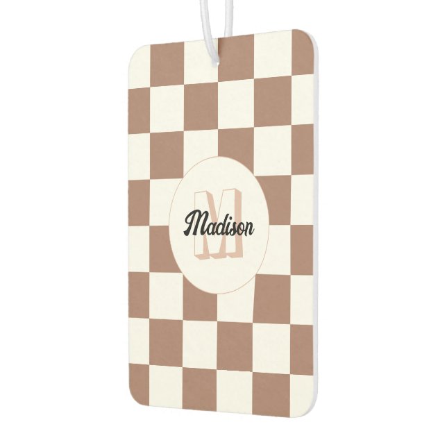 Chequered squares mocha brown white retro Monogram Car Air Freshener (Left)