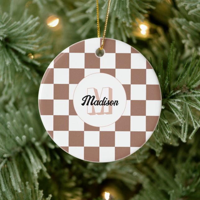 Chequered squares mocha brown white retro Monogram Ceramic Tree Decoration (Tree)
