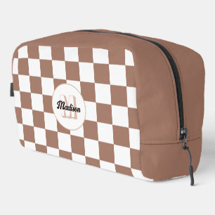 Chequered squares mocha brown white retro Monogram Dopp Kit