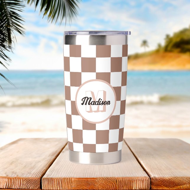 Chequered squares mocha brown white retro Monogram Insulated Tumbler (Beach)