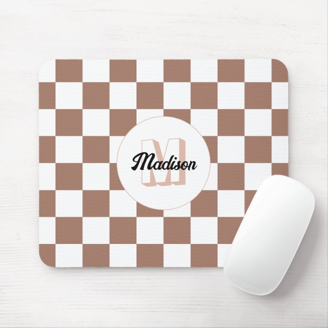 Chequered squares mocha brown white retro Monogram Mouse Mat (With Mouse)