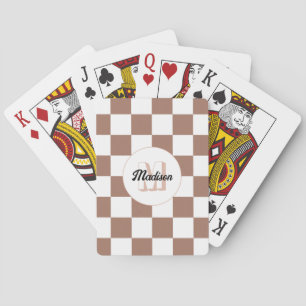 Chequered squares mocha brown white retro Monogram Playing Cards