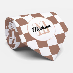 Chequered squares mocha brown white retro Monogram Tie