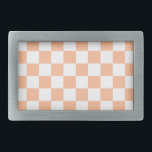 Chequered squares peach and white geometric retro belt buckle<br><div class="desc">Chequered squares peach orange white geometric retro pattern. Cool retro chequered geometric square pattern. Vintage tile white and peach light orange modern chequered.</div>