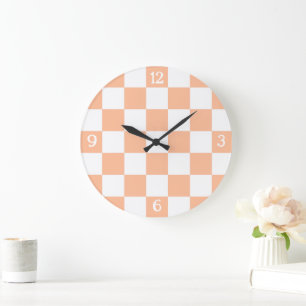 Chequered squares peach and white geometric retro large clock