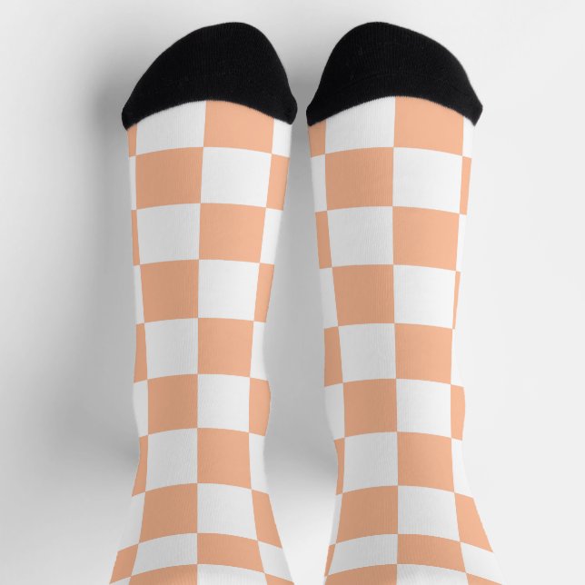 Chequered squares peach and white geometric retro socks (Top)