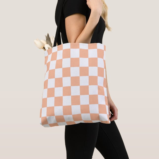 Chequered squares peach and white geometric retro tote bag (Close Up)