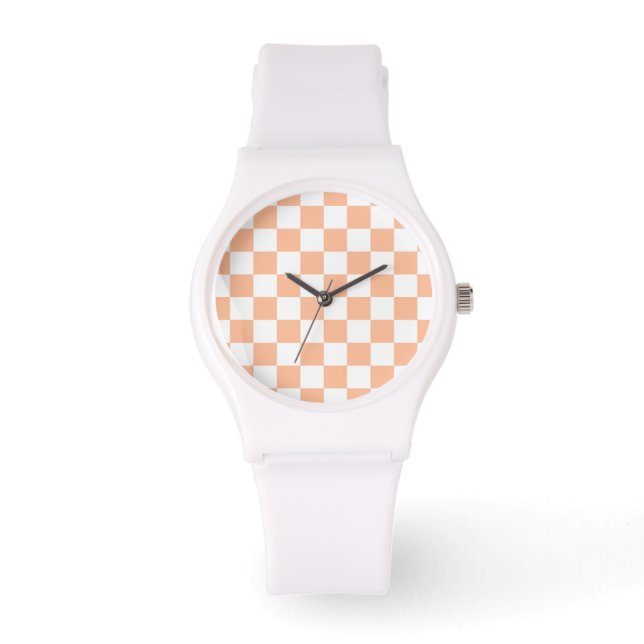 Chequered squares peach and white geometric retro watch (Front)