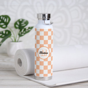 Chequered squares peach and white retro Monogram Water Bottle