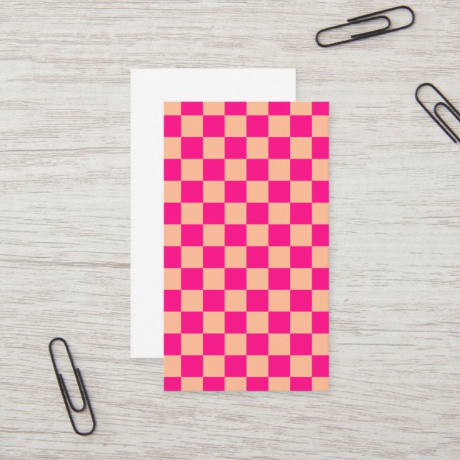 Chequered squares peach hot pink geometric retro business card (Front/Back In Situ)