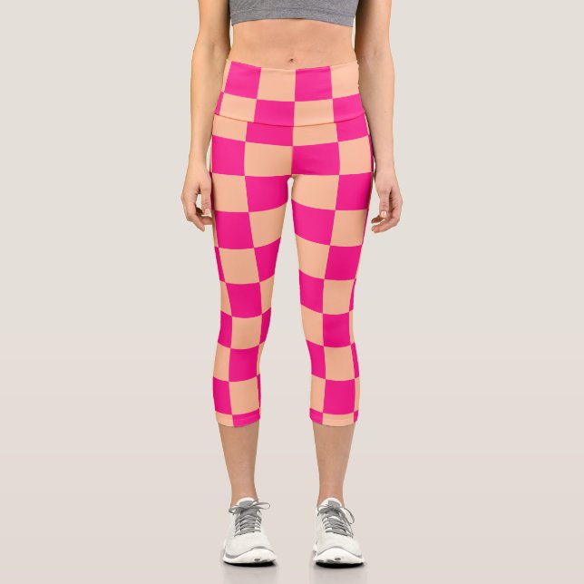 Chequered squares peach hot pink geometric retro capri leggings (Front)