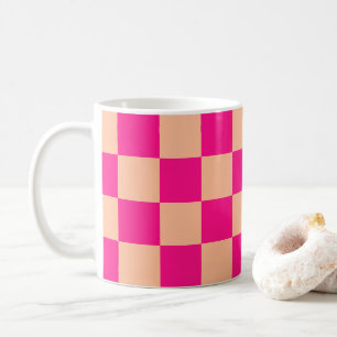 Chequered squares peach hot pink geometric retro coffee mug