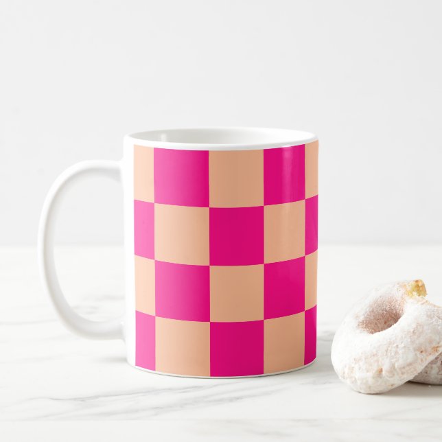 Chequered squares peach hot pink geometric retro coffee mug (With Donut)