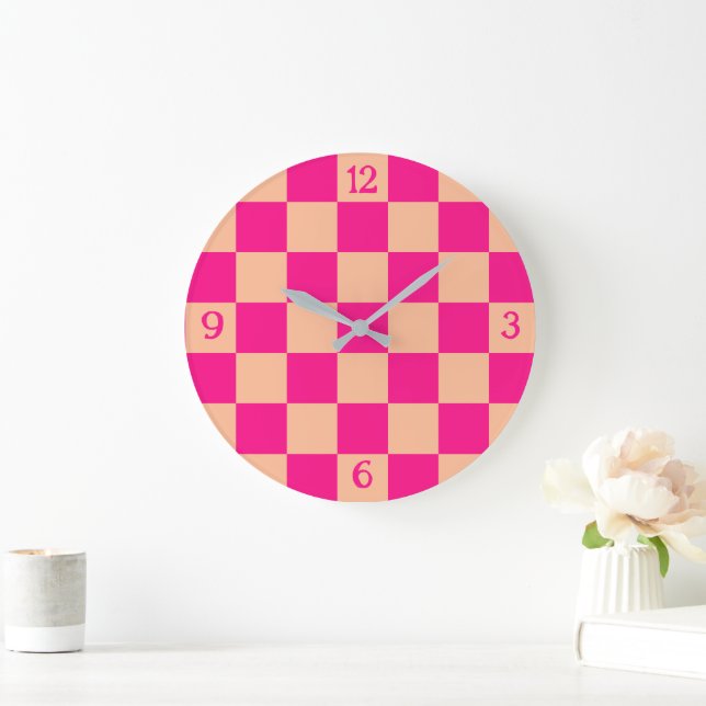 Chequered squares peach hot pink geometric retro large clock (Home)