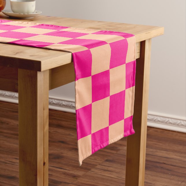Chequered squares peach hot pink geometric retro long table runner (In Situ)