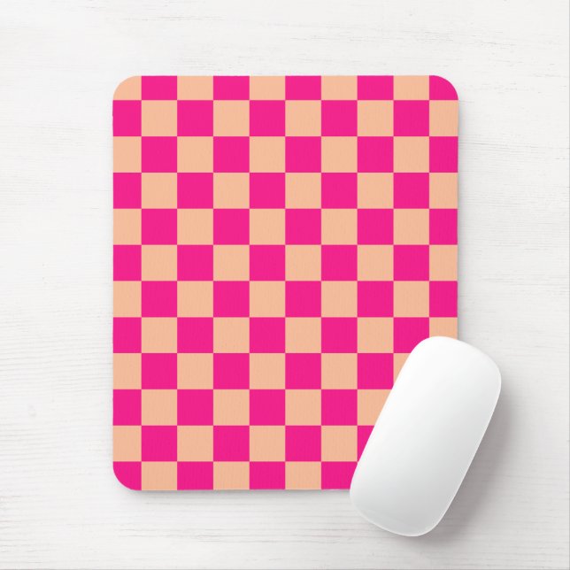Chequered squares peach hot pink geometric retro mouse mat (With Mouse)